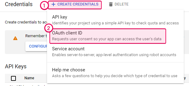 Click the Create credentials button and select the OAuth client ID on the Credentials screen