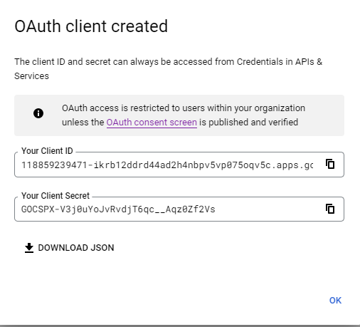 Google generated the Client ID and Secret values