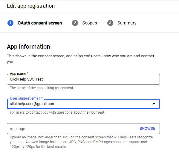 Fill in the App information on the Edit app registration screen