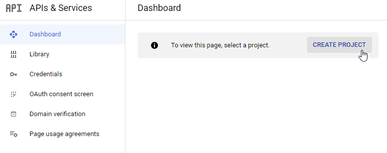 The Create project button in the Google Developer Console