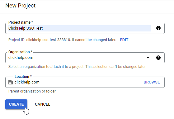 The New Project window in the Google Developer Console