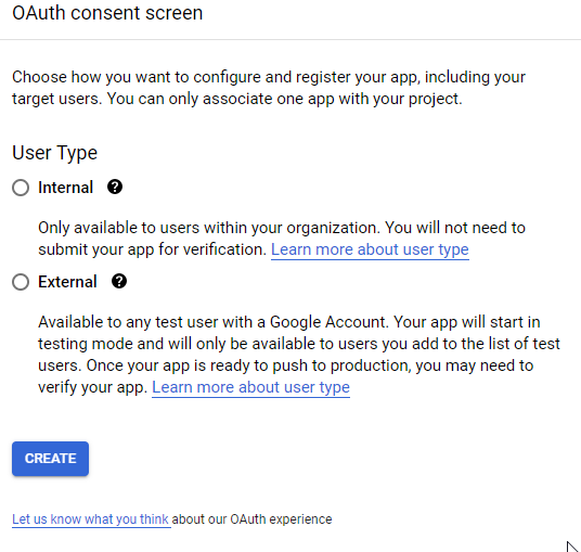 Select the User Type on the OAuth consent screen