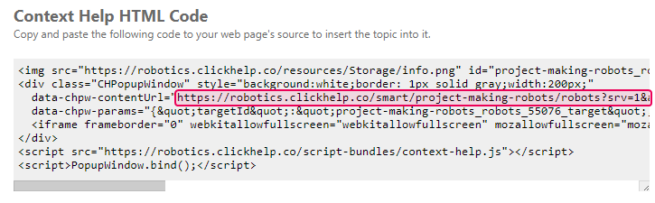 The topic URL stored in the data-chpw-contentUrl parameter value in the Context help HTML code
