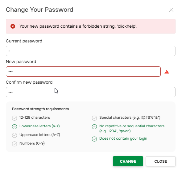 Change your password interface with enabled password strength feature.