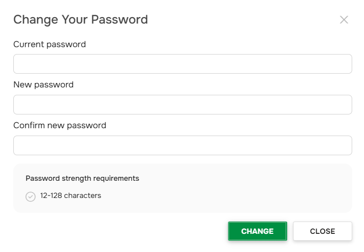 Change password window with the default password strength settings.