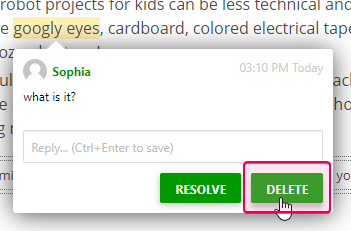 The Delete button in the comments dialog