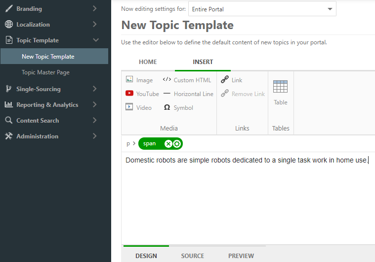 THe New topic template section of the portal settings