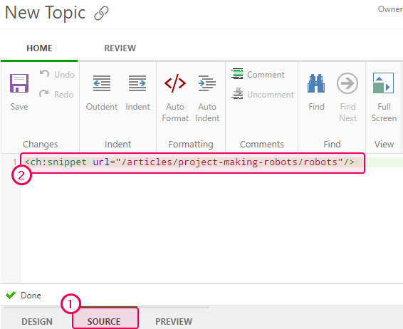 Copy the snippet markup from the topic