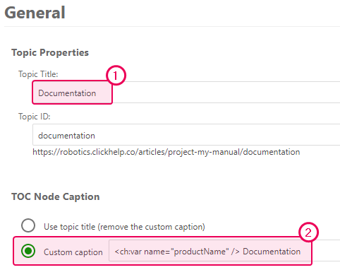 Insert a variable to the Custom caption field in the topic properties