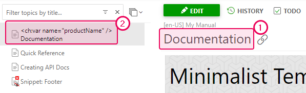 Variable and custom caption in the topic title in the Author UI