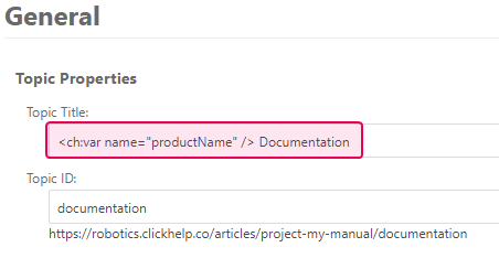 Add the variable markup to the Topic title in the topic properties