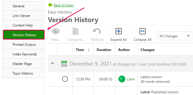 The Version History section in the topic properties