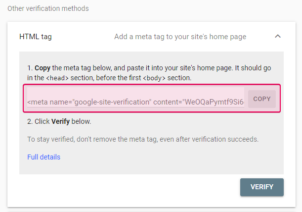 Copy the meta tag from the HTML tag page