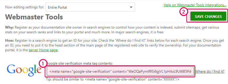 Paste the meta tag to the necessary field in the ClickHelp Webmaster Tools section
