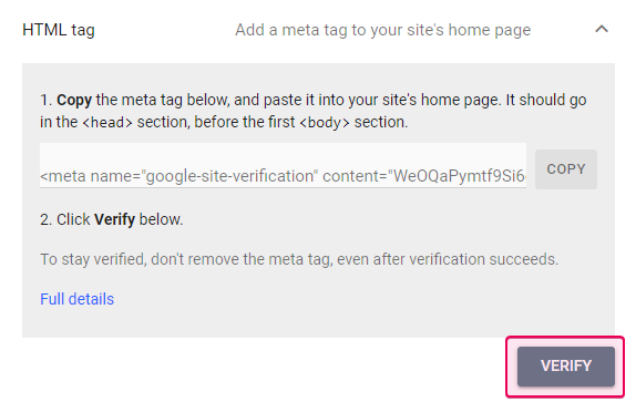 The Verify button in the Google Search Console