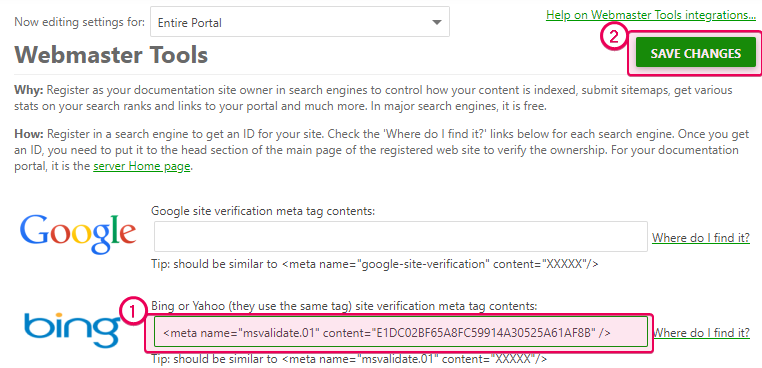 Paste the Meta tag in the Bing field of the Webmaster Tools section