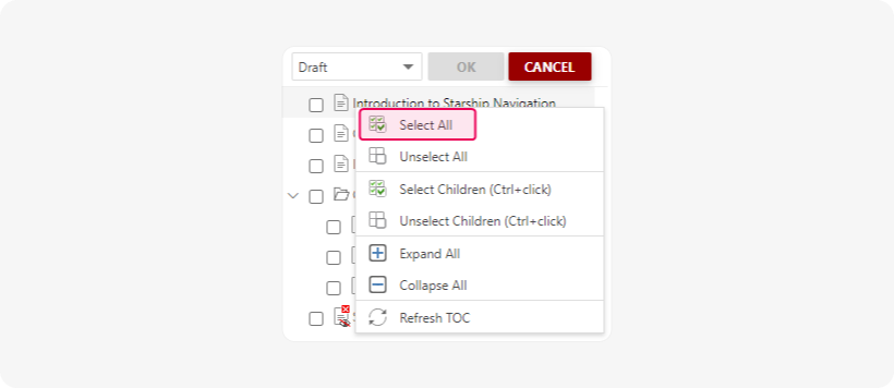 The Select All option in the TOC