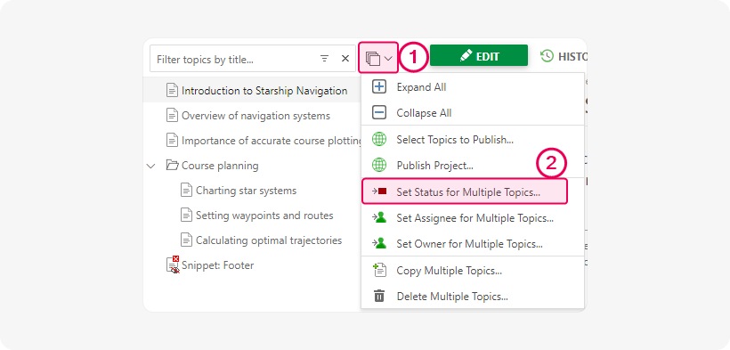 The Set Status for Multiple Topics option from the Bulk Actions menu