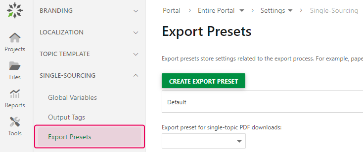 The Export Presets settings section.
