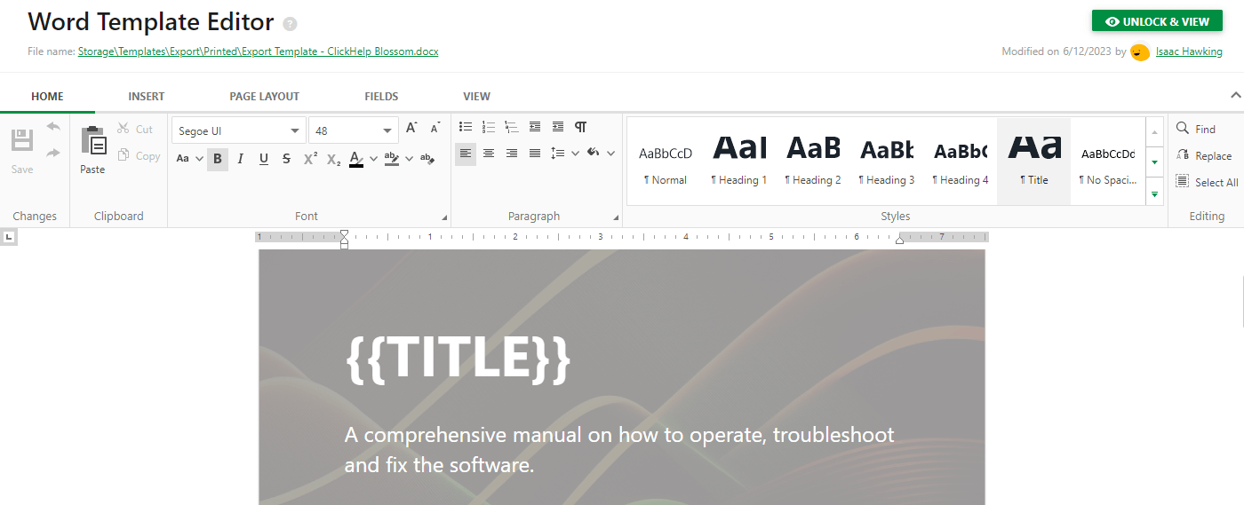 The Word Template Editor's interface