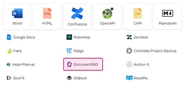 The Document360 import option.