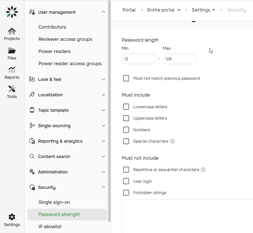 Settings of the password strength feature.