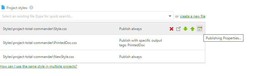 Click the "Publishing Properties..." button that appears on the CSS file hover