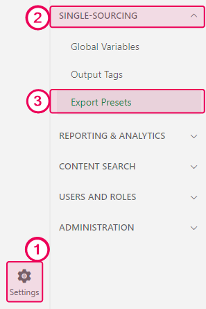 Steps to open the Export Presets page.