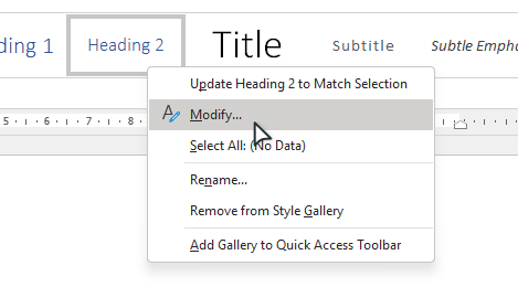 A heading style dropdown dialog with the highlighted Modify option in MS Word